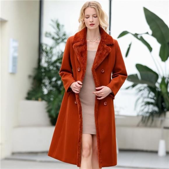 Women's Double-breasted Notched Lapel Midi Wool Blend Pea Coat Jackets - Picture 6 of 7